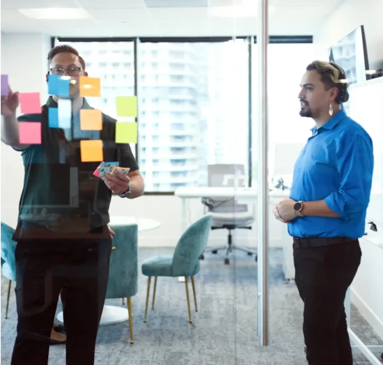 Discover team collaborating with sticky note process