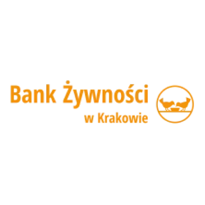 Orange “Bank Żywności w Krakowie” text with a...