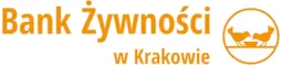 Logo with text Bank Żywności w Krakowie and an icon of two birds eating from a bowl, all in orange.