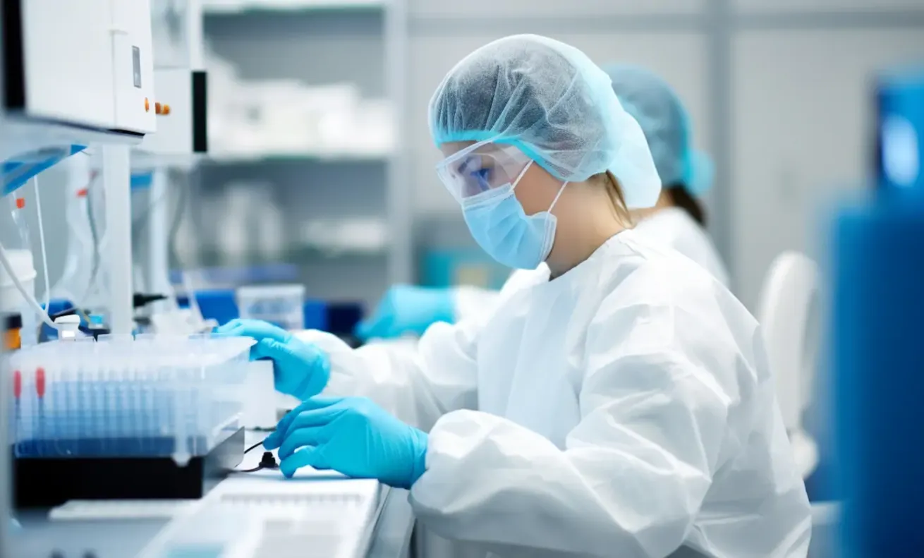 Lab technician in protective gear including hairnet, mask, and gloves working with samples in a laboratory.