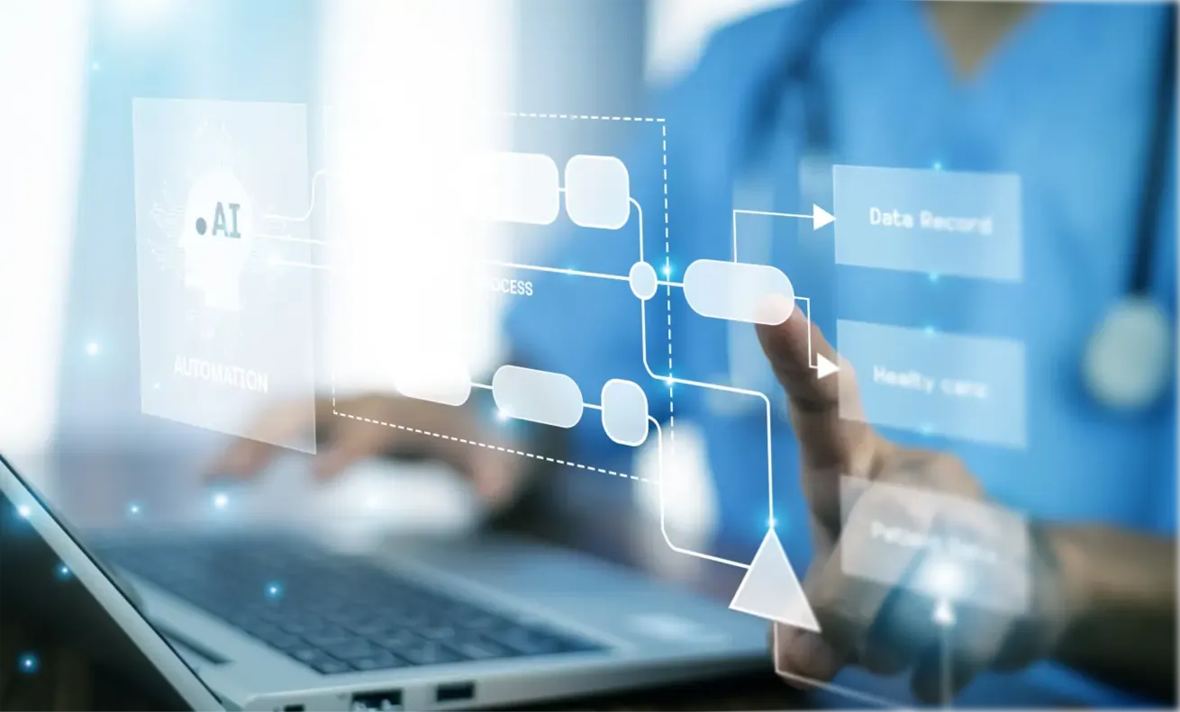 Hand interacting with holographic AI diagram, showing connected nodes above a laptop, illustrating automation concepts.