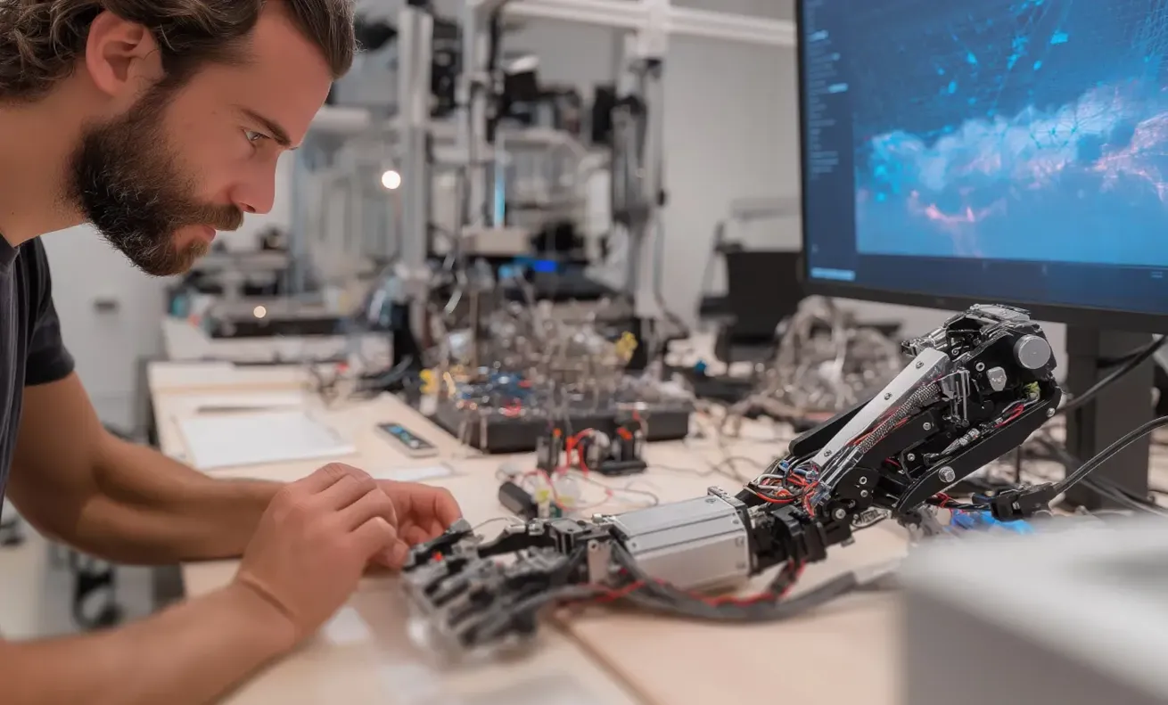 Engineer working on a robotic arm in a robotics lab with electronic equipment and a monitor displaying data visuals.